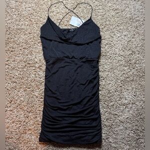 Black Glitter Ruched Dress